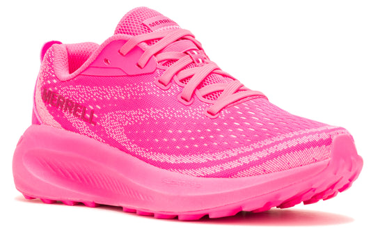 Bright pink running shoe with laces and 'MERRELL' visible on the side.