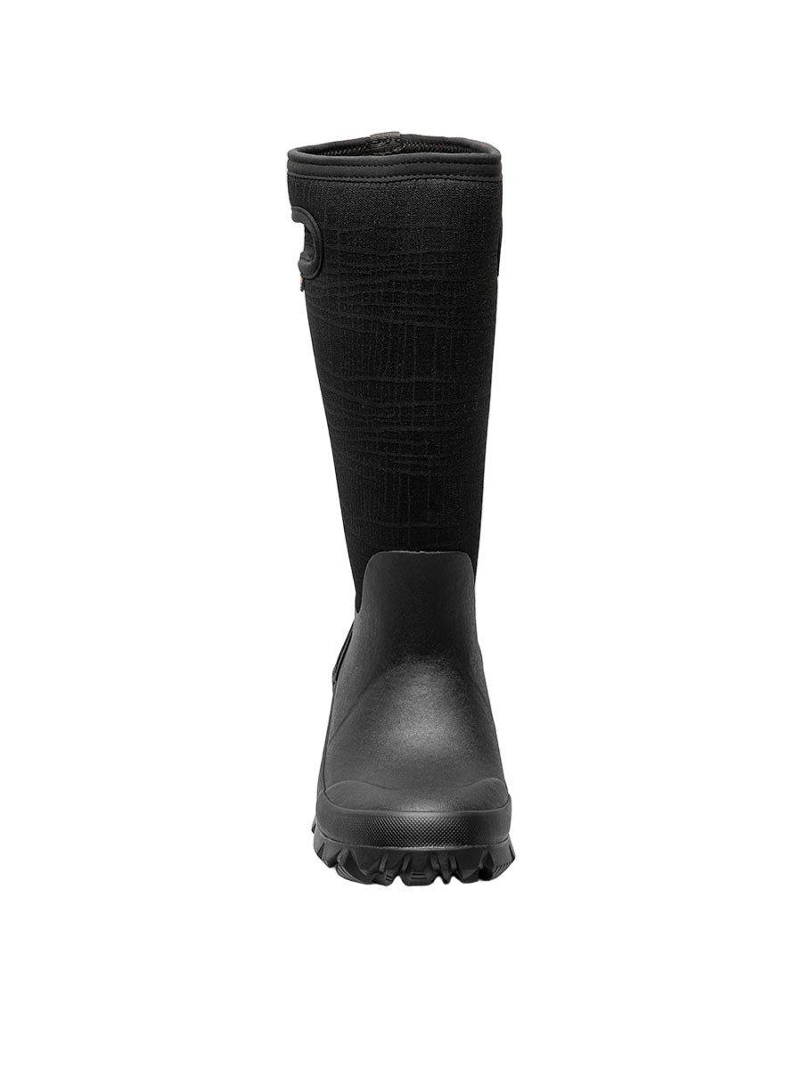 Knee-high black rain boot with treaded sole.