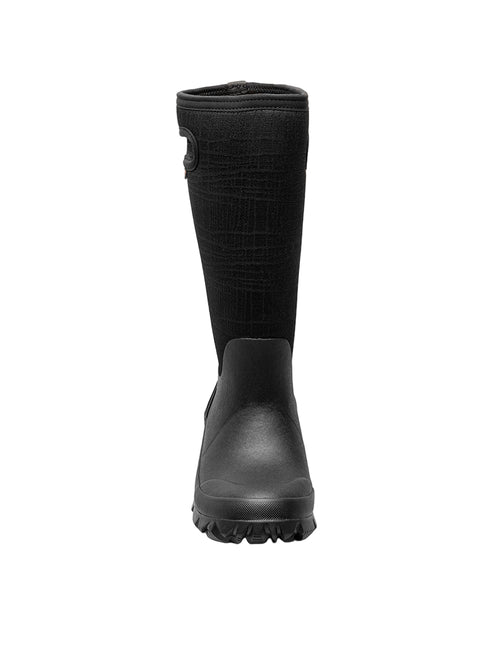 Knee-high black rain boot with treaded sole.
