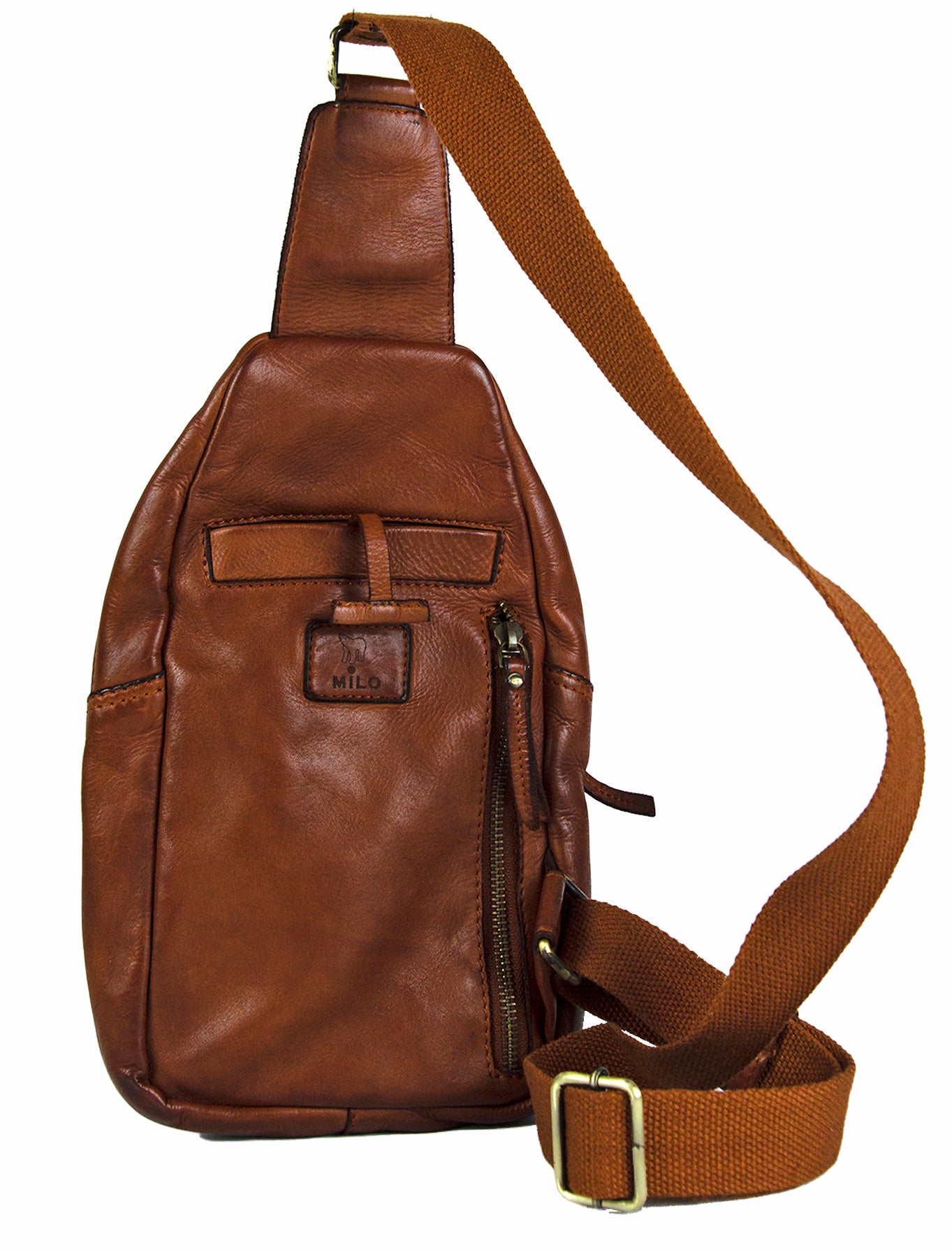 Brown leather sling backpack with adjustable shoulder strap.