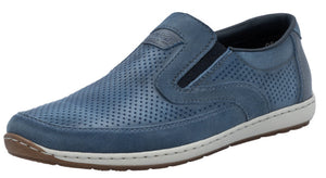 Blue perforated slip-on shoe with a white sole and brown toe.