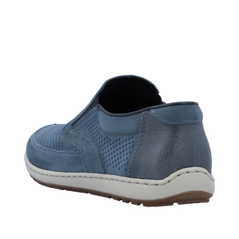 Blue slip-on sneaker with perforated side panel and white sole.
