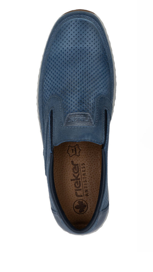 Blue perforated slip-on shoe with leather insole.