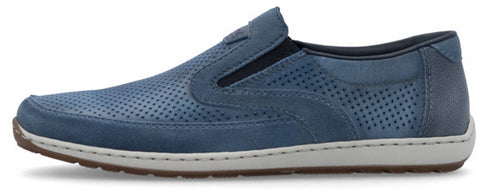 A blue perforated slip-on shoe with a white sole.