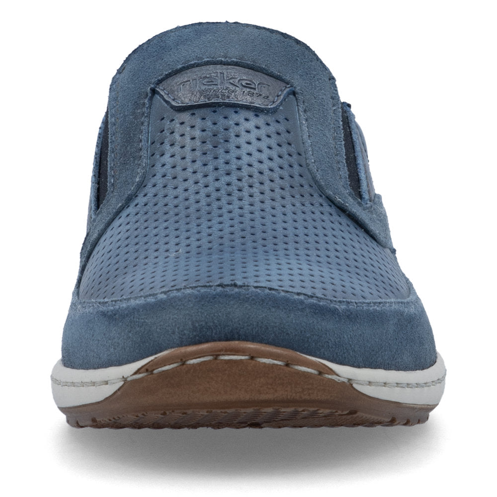 Blue suede slip-on shoe with perforated texture and elastic sides.