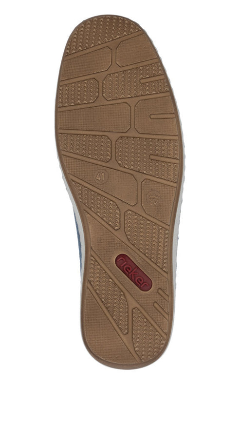 A brown shoe sole with a textured pattern and a red 'Rieker' label.