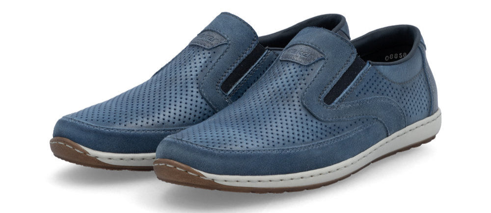 A pair of blue perforated slip-on shoes with white soles.