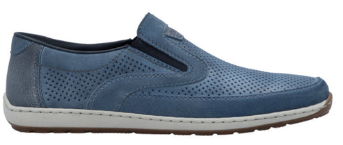 A blue leather slip-on shoe with a white sole and small circular perforations.