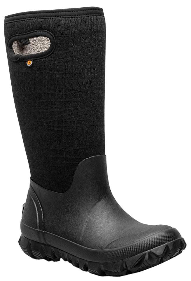 Tall black winter boot with handle.