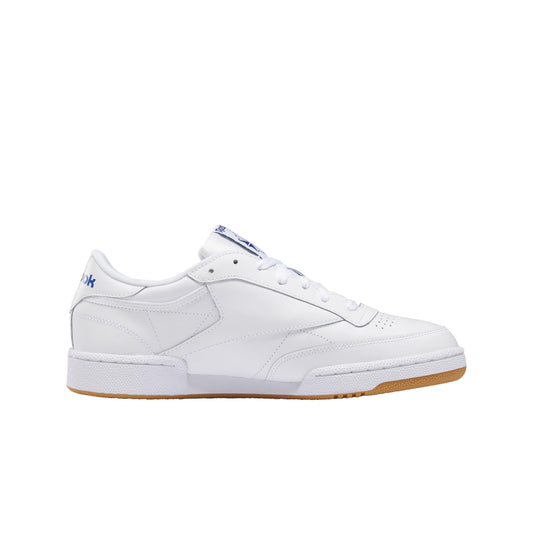 Low-top white sneaker with gum sole and blue accents on the tongue and heel.