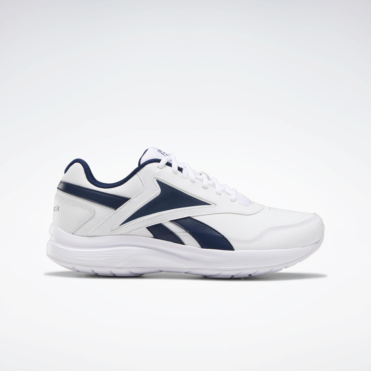 A white sneaker with navy blue accents, a low profile and a rounded toe.