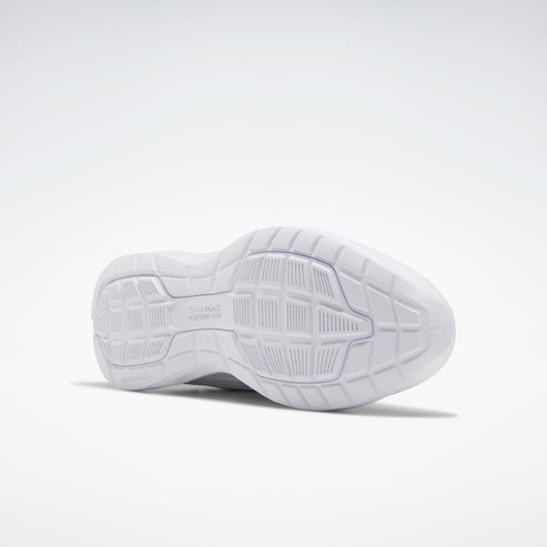 White running shoe outsole with tread pattern.