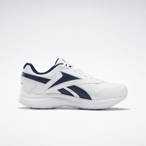 White sneaker with a navy blue stripe and white sole.
