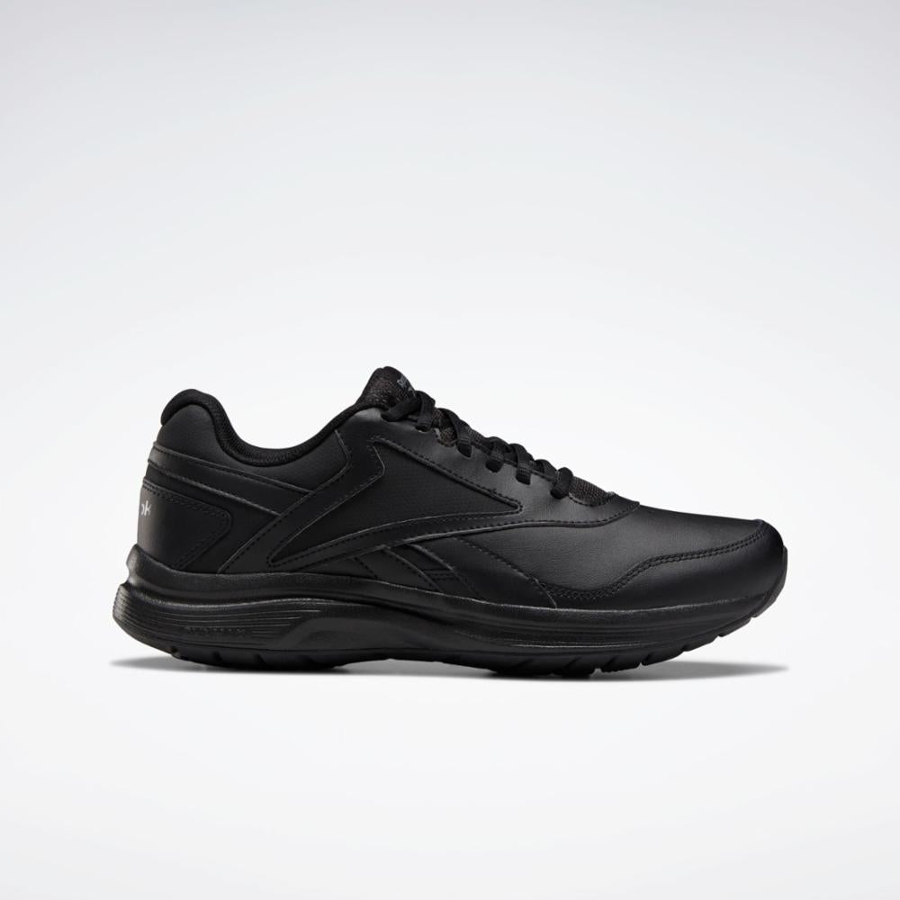 Black running shoe with black laces and a ridged sole.