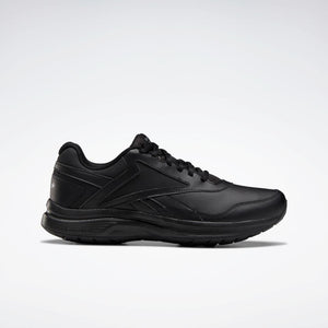 Black running shoe with black laces and a ridged sole.