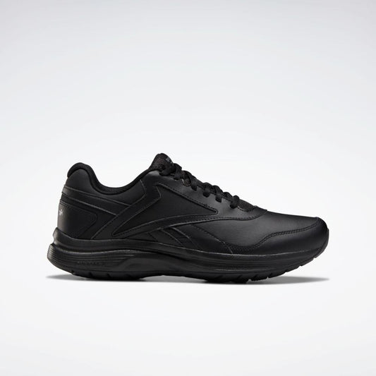 Black running shoe with black laces and a ridged sole.