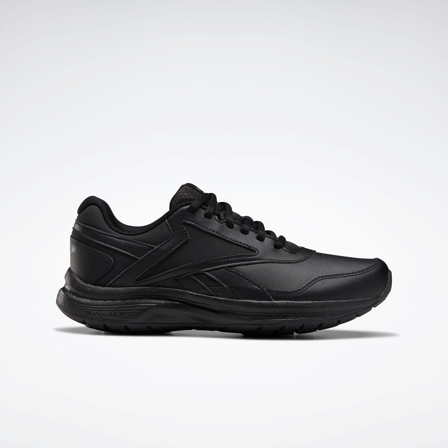All-black leather athletic shoe with dark laces and a thick sole.