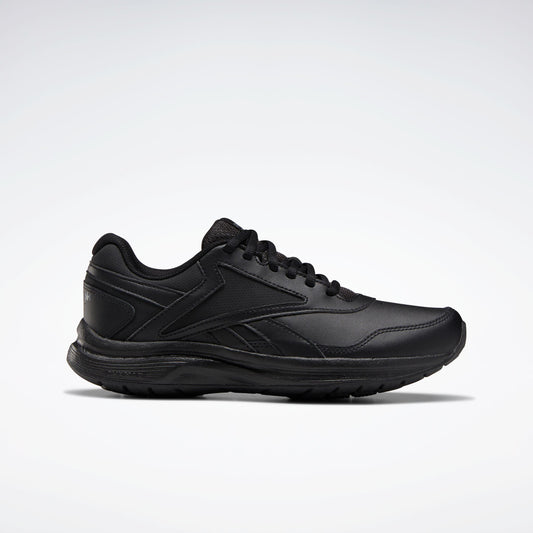 All-black leather athletic shoe with dark laces and a thick sole.