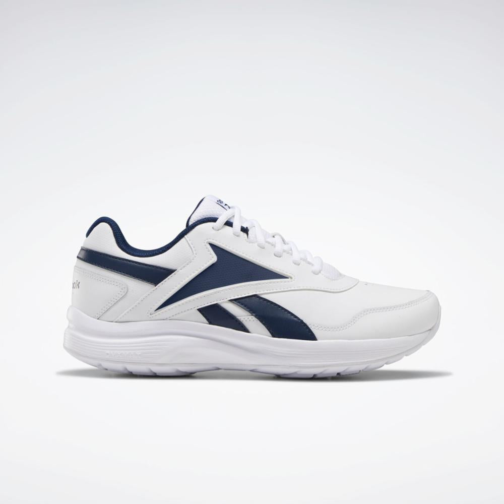 A white sneaker with navy accents, laces and low profile.