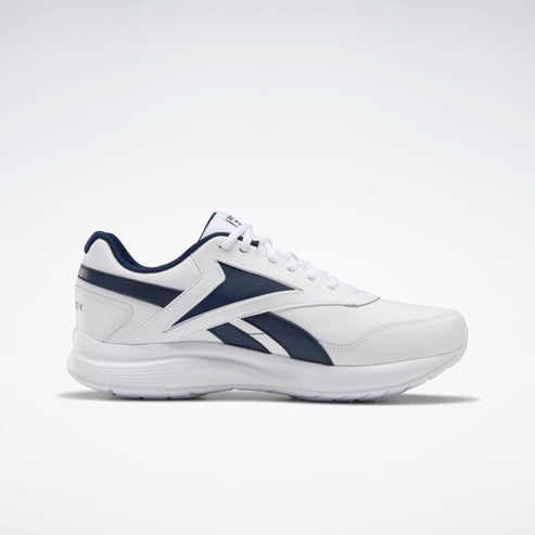 A white sneaker with navy accents features a classic running shoe design.