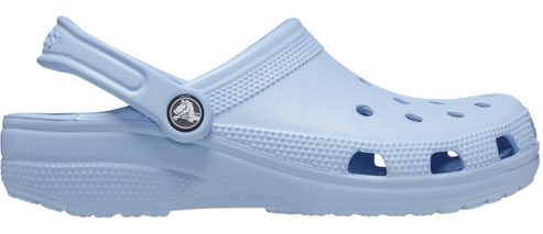 A light blue clog with holes on the toe and a heel strap.