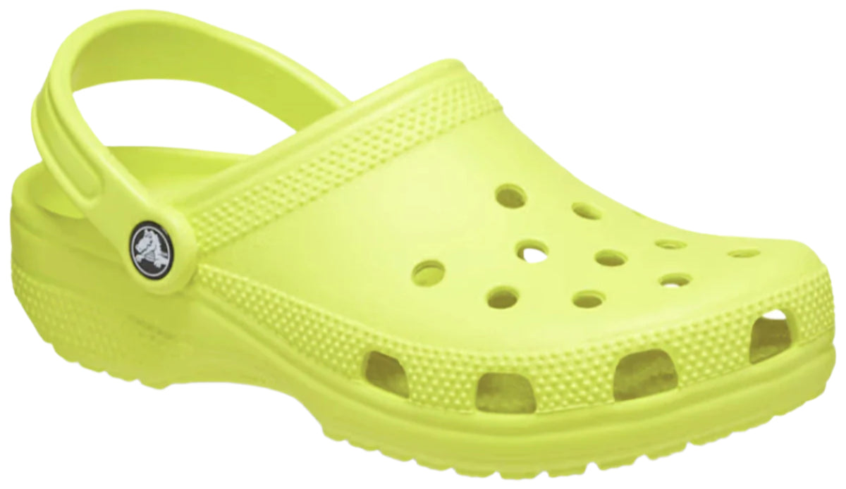 Yellow clog style shoe with holes for ventilation and pivoting back strap.