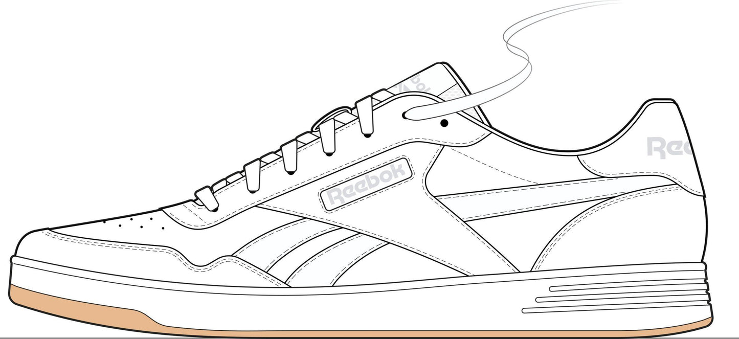 A white sneaker with brown soles and the word Reebok on the side.