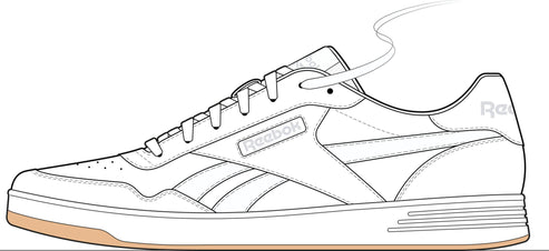 A white sneaker with brown soles and the word Reebok on the side.