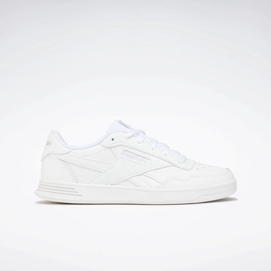 White low-top sneaker with a flat sole and lace-up closure.