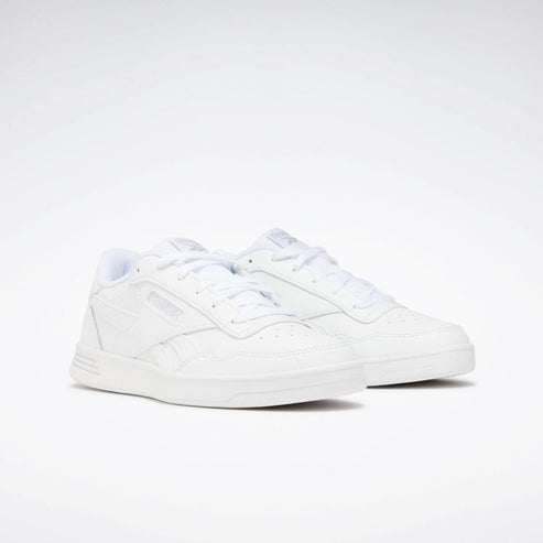 All-white, low-cut athletic shoes with white laces.