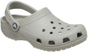 Grey clog with ventilation holes and pivoting heel strap.