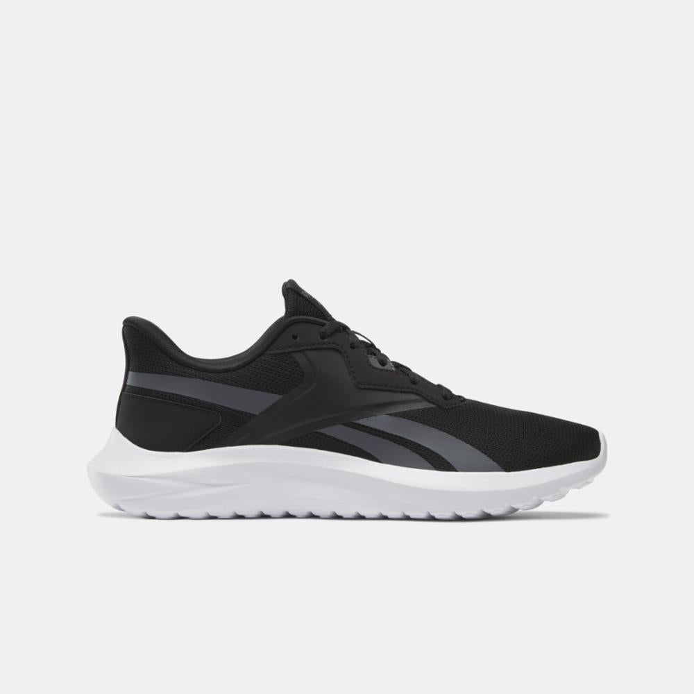 Black running shoe with white sole.