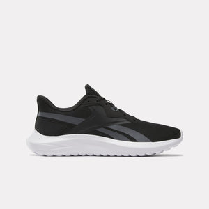 Black running shoe with white sole.