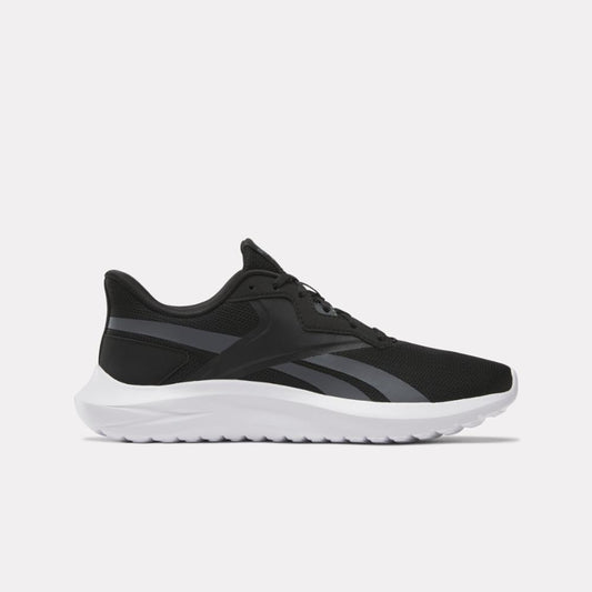 Black running shoe with white sole.