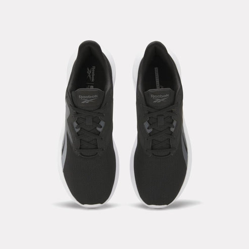 Pair of black running shoes with white soles, seen from above.