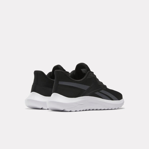 Pair of black athletic shoes with white soles.
