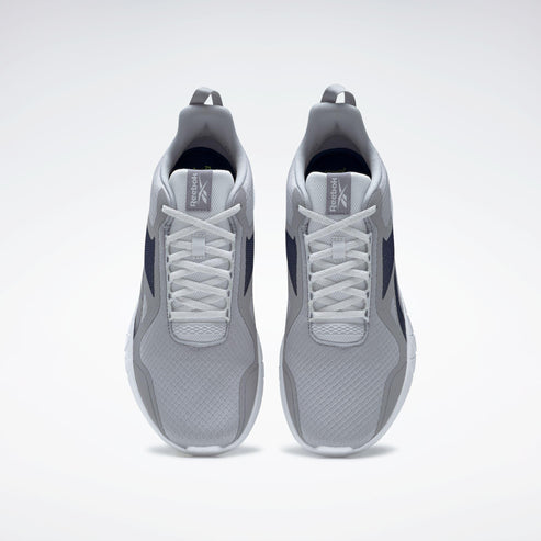 A pair of running shoes in gray with white laces, viewed from above.