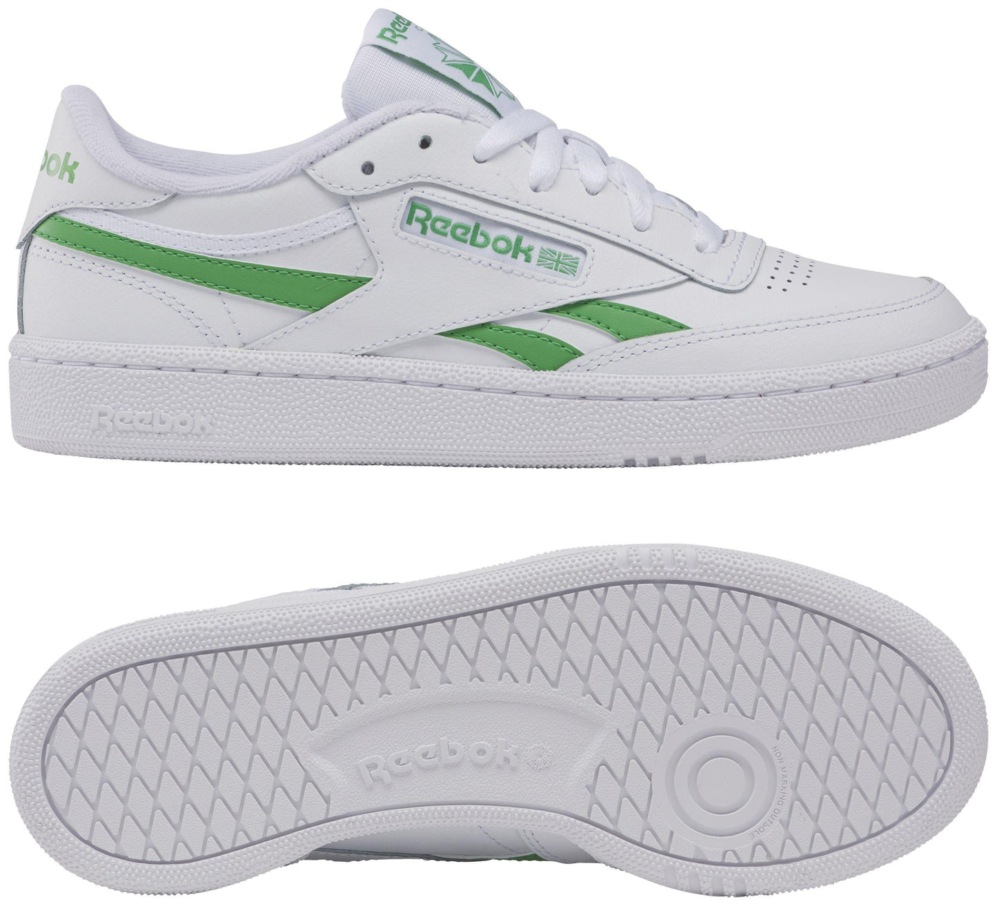 White sneakers with green accents, featuring a flat sole and lace-up closure.