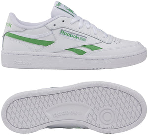 White sneakers with green accents, featuring a flat sole and lace-up closure.