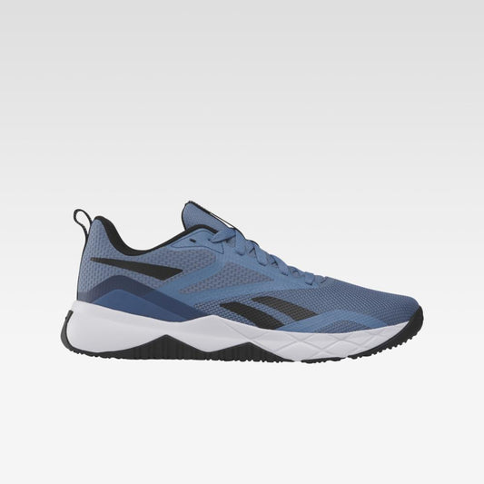 Blue athletic shoe with black accents and white sole.