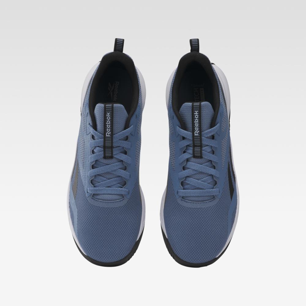 Top view of a pair of blue sneakers with black soles and black interior, laces up the middle with 'Reebok' printed on the tongue.