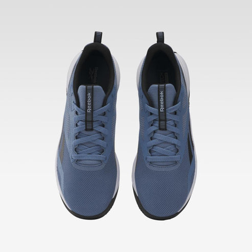 Top view of a pair of blue sneakers with black soles and black interior, laces up the middle with 'Reebok' printed on the tongue.