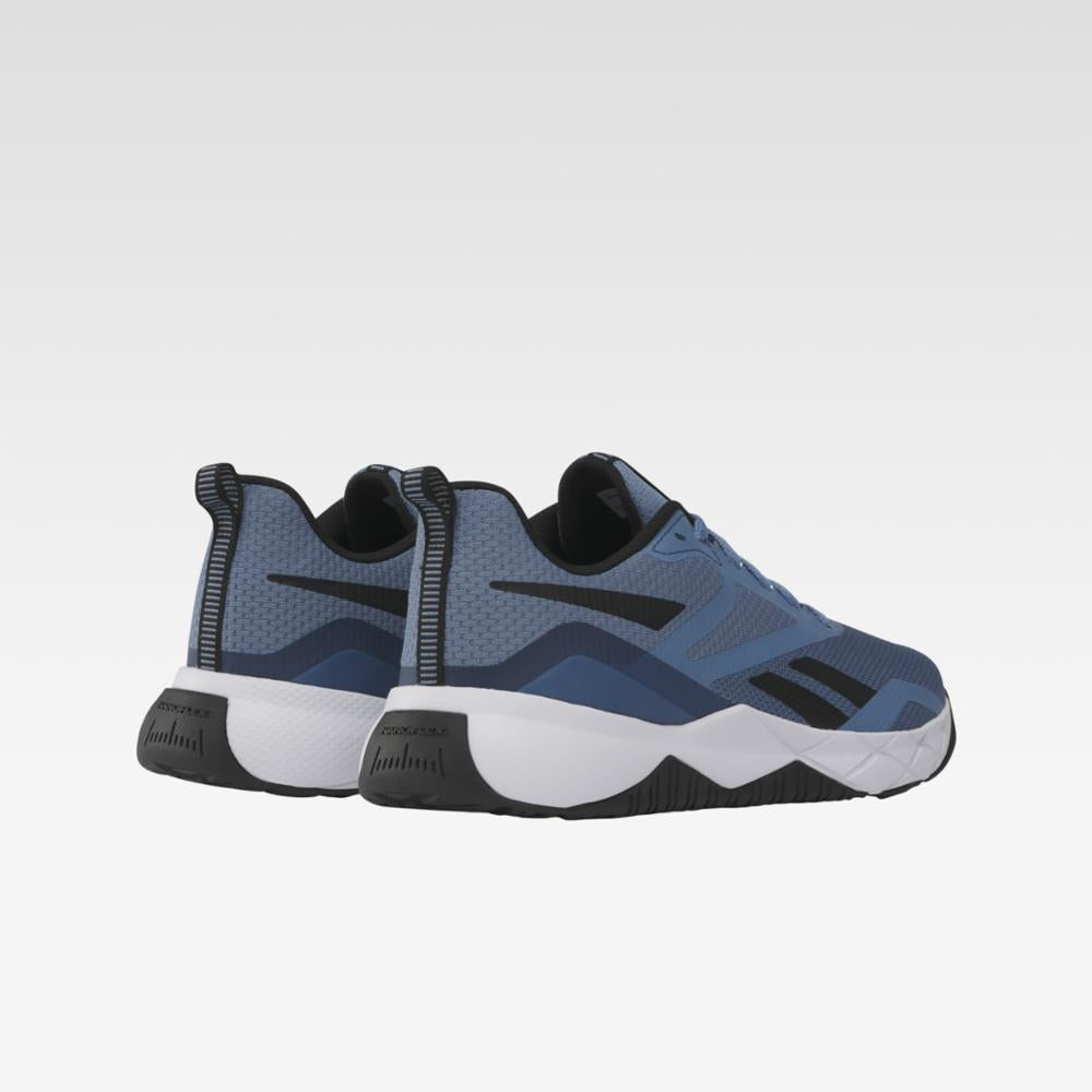 Rear view of blue and black training shoes with white soles.