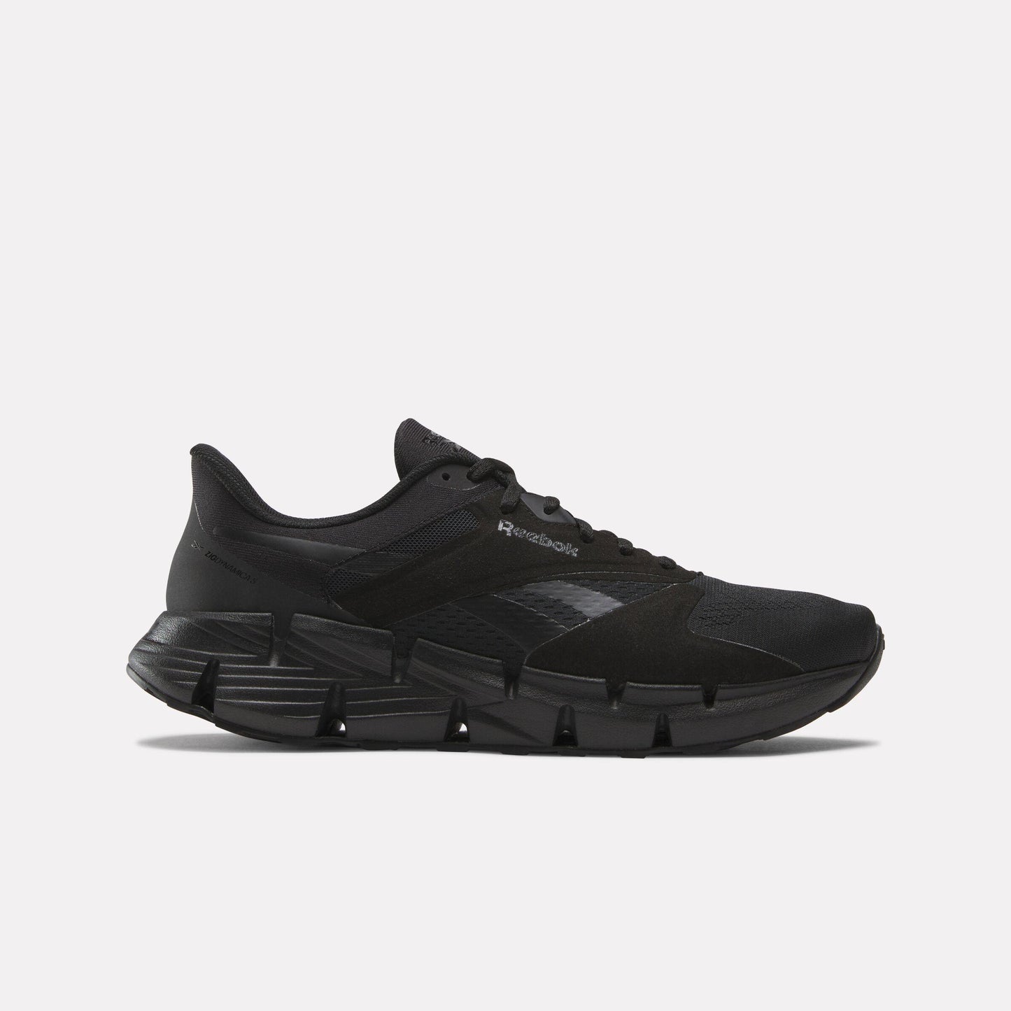 Black running shoe with a geometric sole.