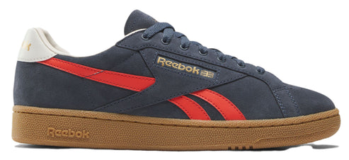 A blue and red sneaker with a brown sole and "Reebok" text.