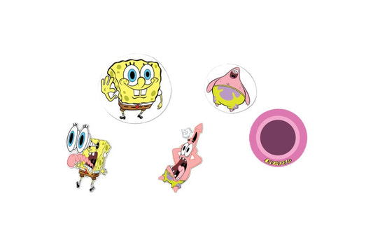Spongebob and Patrick circles; one purple circle with yellow letters.