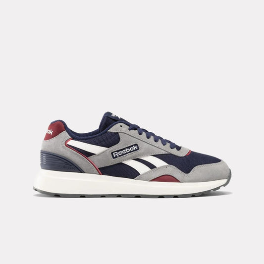 Low-top running shoe in gray, white, navy and burgundy.