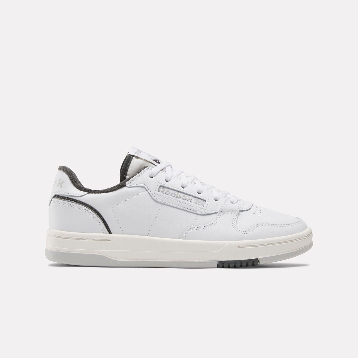 A low top white sneaker with grey accents.