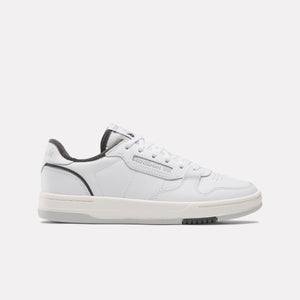 A low top white sneaker with grey accents.
