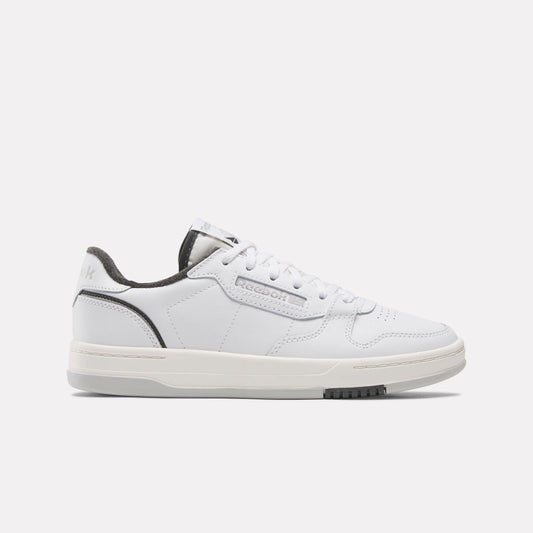 A low top white sneaker with grey accents.